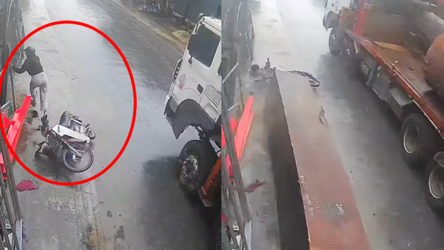 Xe chở gỗ đứt xích, cô gái thoát chết trong gang tấc