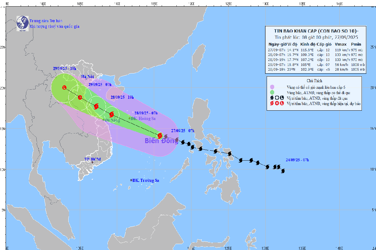 Bão số 10 Bualoi di chuyển nhanh, giật cấp 15, hướng vào miền Trung