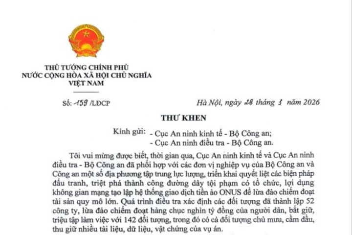 Thủ tướng gửi Thư khen lực lượng phá án vụ lừa đảo tiền ảo ONUS
