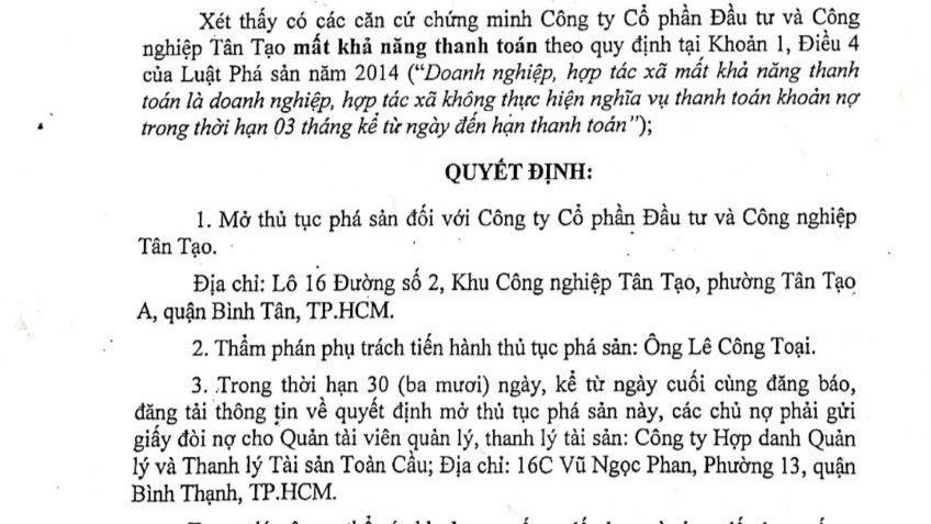 Có căn cứ chứng minh Công ty Tân Tạo mất khả năng thanh toán theo quy định 