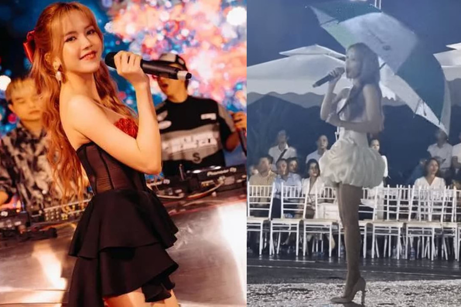 Che ô đứng hát dưới mưa, đôi chân dài 'cực phẩm' của Thiều Bảo Trâm làm dân tình mê mẩn