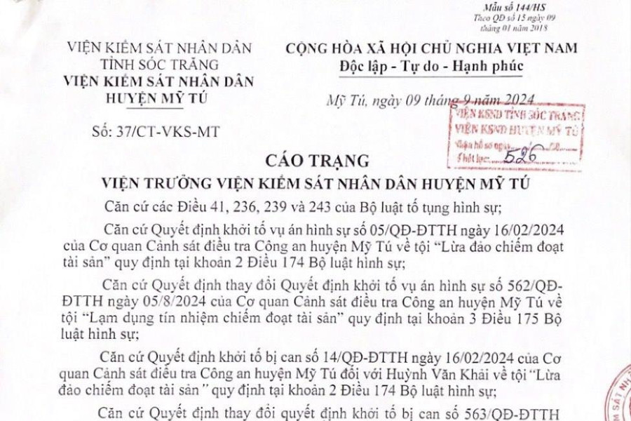 Truy tố bị can Huỳnh Văn Khải về tội “Lạm dụng tín nhiệm chiếm đoạt tài sản”