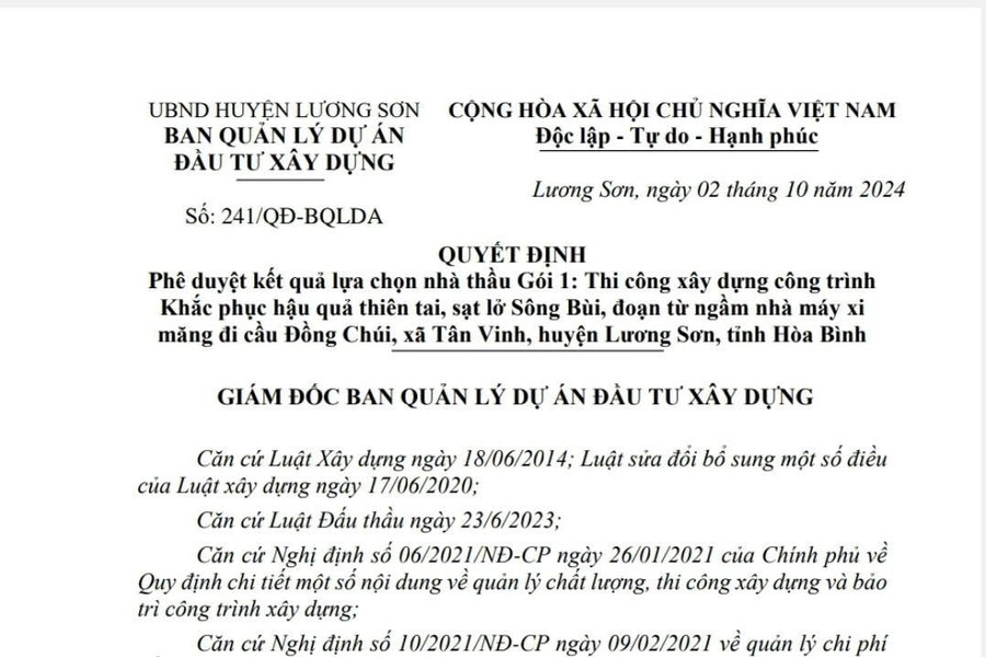 Hòa Bình: Liên danh Công ty Mỹ Phong – Sông Đà trúng gói thầu gần 90 tỷ đồng