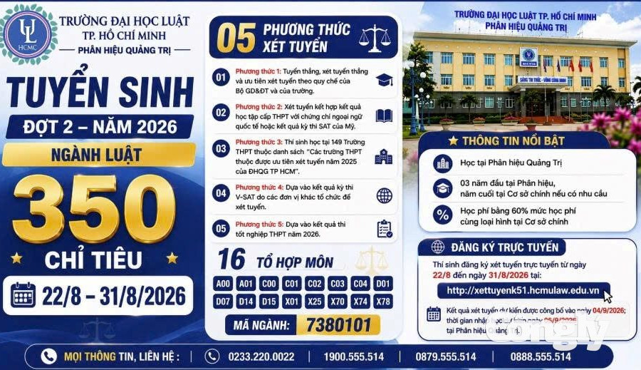 Trường Đại học Luật TP.HCM tuyển sinh đợt 2 đại học chính quy ngành Luật tại Phân hiệu Quảng Trị